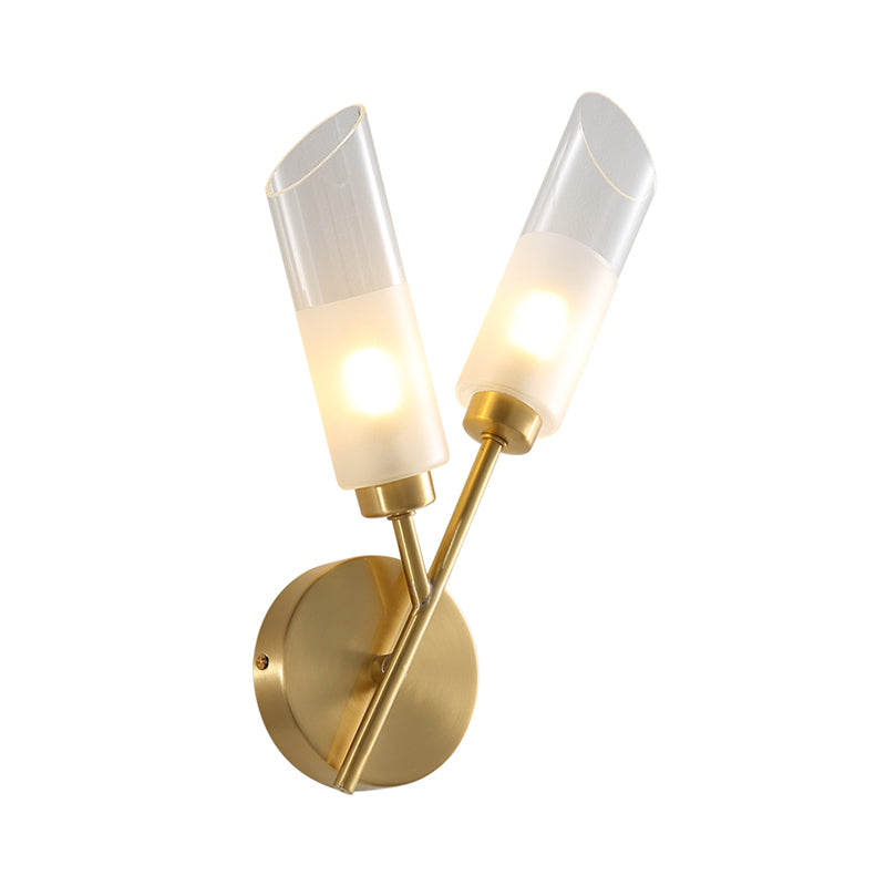 Beveled Tube Wall Light Sconce Post Modern Clear Glass 2-Light Brass Wall Lamp Fixture