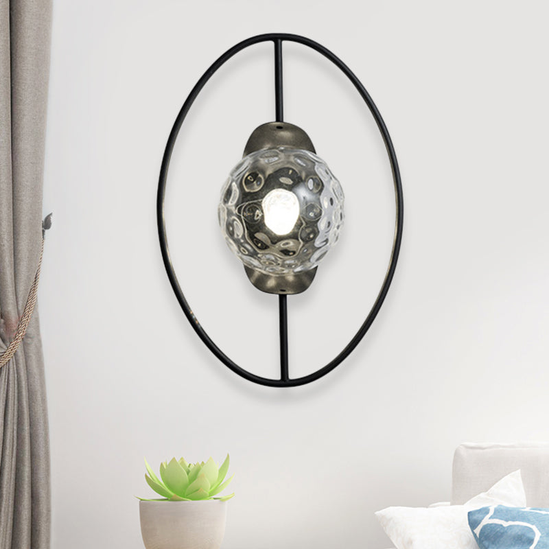 Duidelijke kuiltjesglas Orb SCONCE LAMP MODERNE 1-BULB Zwart/gouden wandlamp met ringdetails met ringdetail