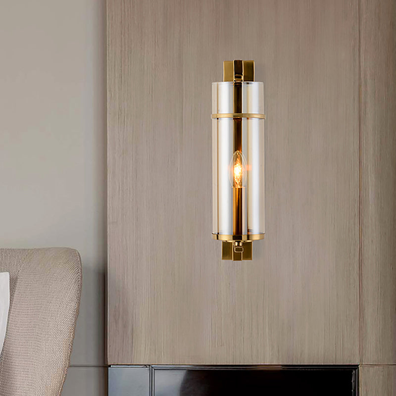 1 Bulb Bedroom Sconce Light Fixture Modernist Brass Wall Lamp with Tubular Cognac/Water Blue Glass Shade