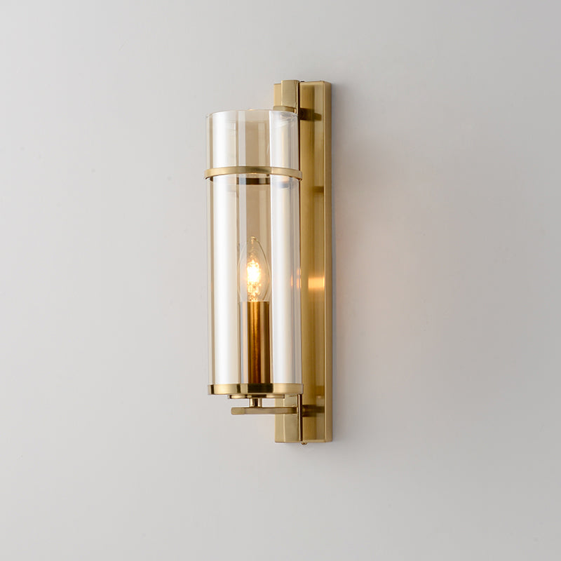 1 Glühbirnenschlafzimmer Leuchte Leuchte Moderne Messingwandlampe mit röhrenförmiger Cognac/Wasserblau -Glasschatten