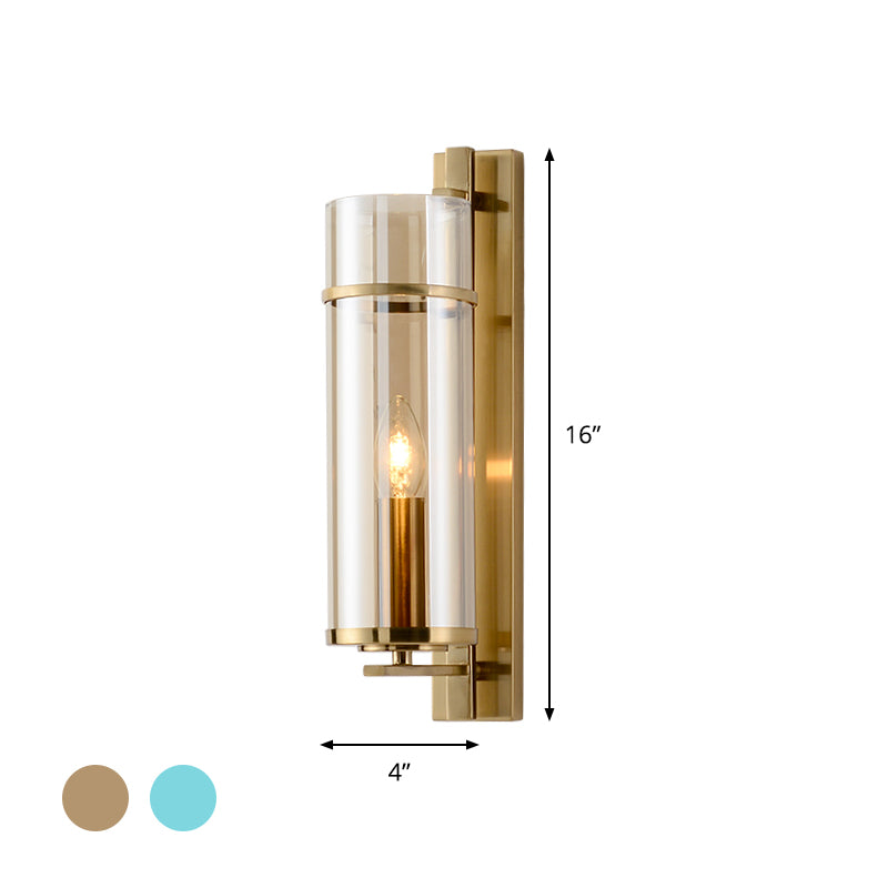 1 Glühbirnenschlafzimmer Leuchte Leuchte Moderne Messingwandlampe mit röhrenförmiger Cognac/Wasserblau -Glasschatten