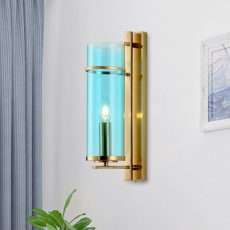1 Glühbirnenschlafzimmer Leuchte Leuchte Moderne Messingwandlampe mit röhrenförmiger Cognac/Wasserblau -Glasschatten