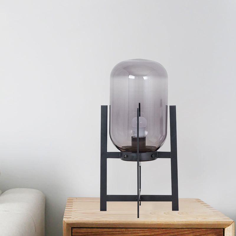 Lampada da comodino quadrupede in ferro Lampada da lettura moderna a luce singola bianca/nera con paralume oblungo in vetro opale/grigio