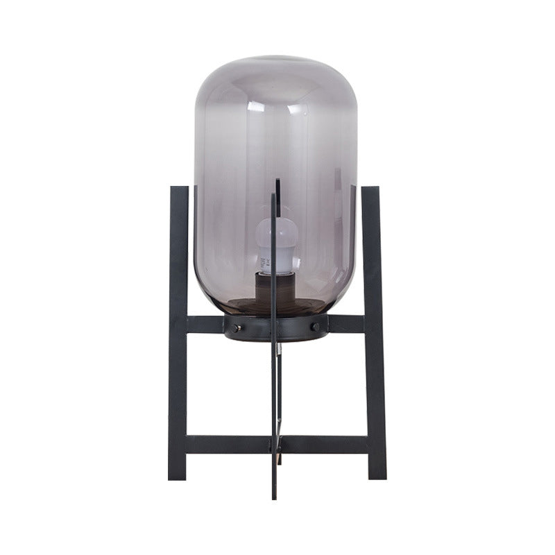Lampada da comodino quadrupede in ferro Lampada da lettura moderna a luce singola bianca/nera con paralume oblungo in vetro opale/grigio