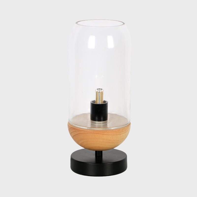 Moderna illuminazione da tavolo a LED Lampada da scrivania piccola con cilindro nero e legno con paralume in vetro trasparente