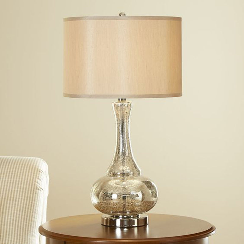 Silver Glass Vase Shape Nightstand Light Modernism Single Bulb Night Table Lamp with Drum Beige Fabric Shade
