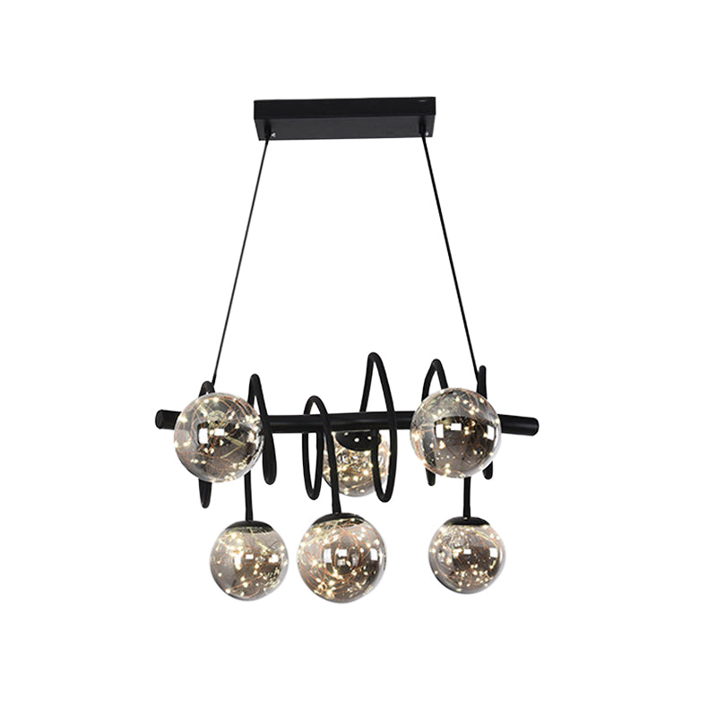 Modern Spiral Island Pendant Light Metal 6 Bulbs Dining Room LED Hanging Lamp in Black with Orb Smoke Gray Glass Shade