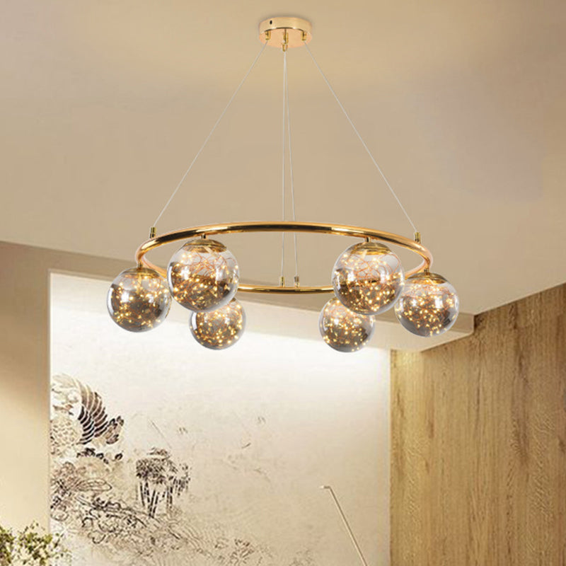 Fumo grigio grigio a sfera lampadario moderno modernista 6 teste anello ottone l'illuminazione appesa con design bagliore all'interno