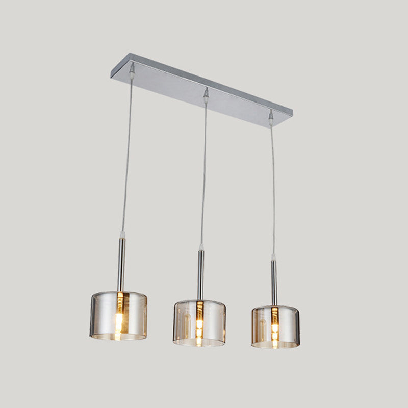 3-Bulb Restaurant Multi-Pendant Modernist Chrome Suspension Light with Drum Clear Glass Shade