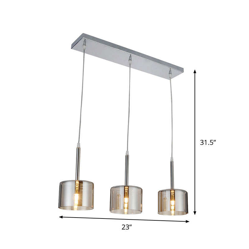3-Bulb Restaurant Multi-Pendant Modernist Chrome Suspension Light with Drum Clear Glass Shade