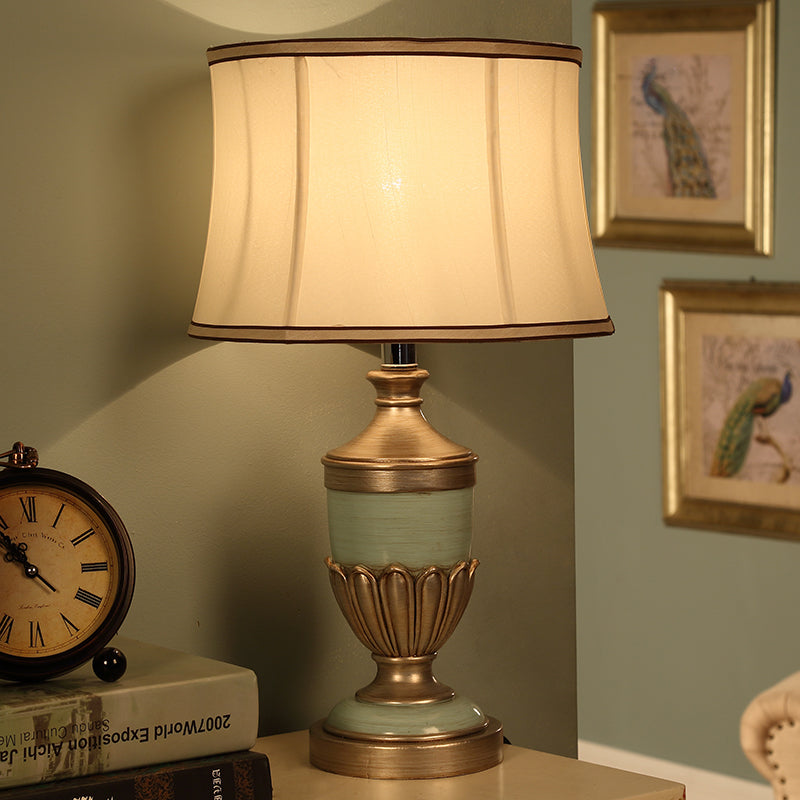 Vintage Drum Shaped Desk Lighting 1 Head Fabric Night Table Lamp with Black/Brown/Green Pot Base