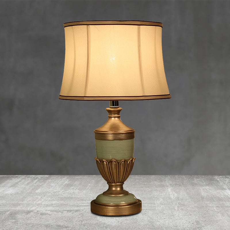 Vintage Drum Shaped Desk Lighting 1 Head Fabric Night Table Lamp with Black/Brown/Green Pot Base
