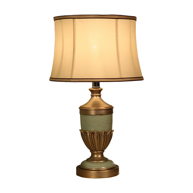 Vintage Drum Shaped Desk Lighting 1 Head Fabric Night Table Lamp with Black/Brown/Green Pot Base