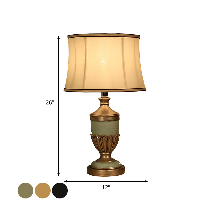 Vintage Drum Shaped Desk Lighting 1 Head Fabric Night Table Lamp with Black/Brown/Green Pot Base