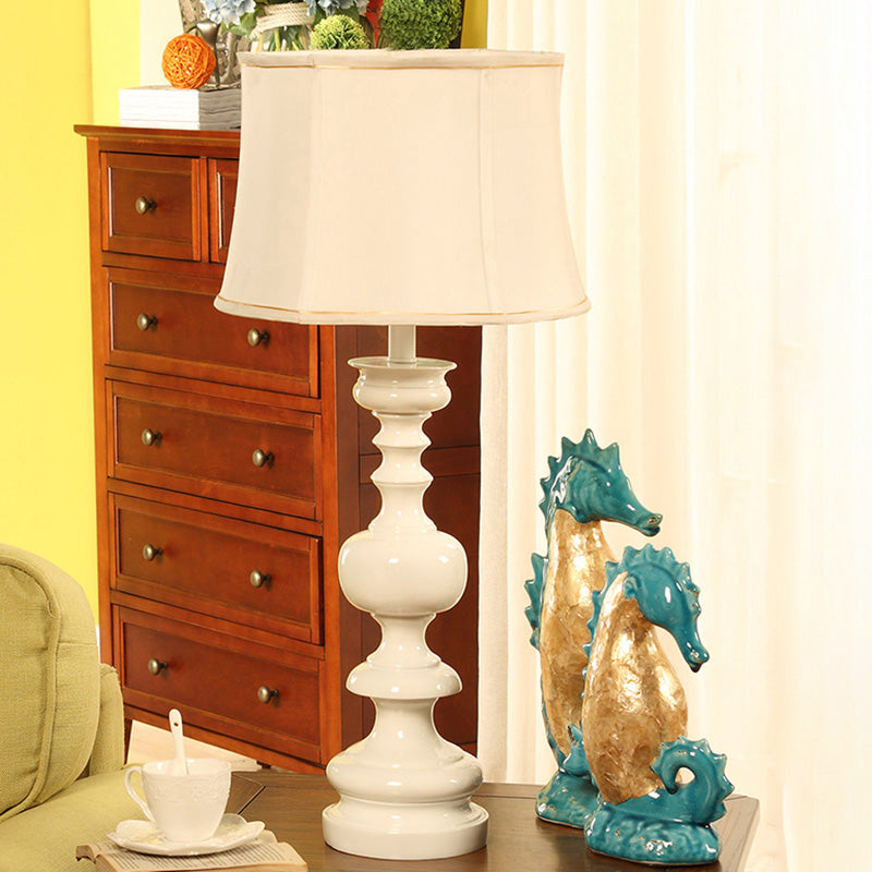 Fabric White Nightstand Light Drum Shade 1 Light Traditional Style Night Lamp with Baluster Base