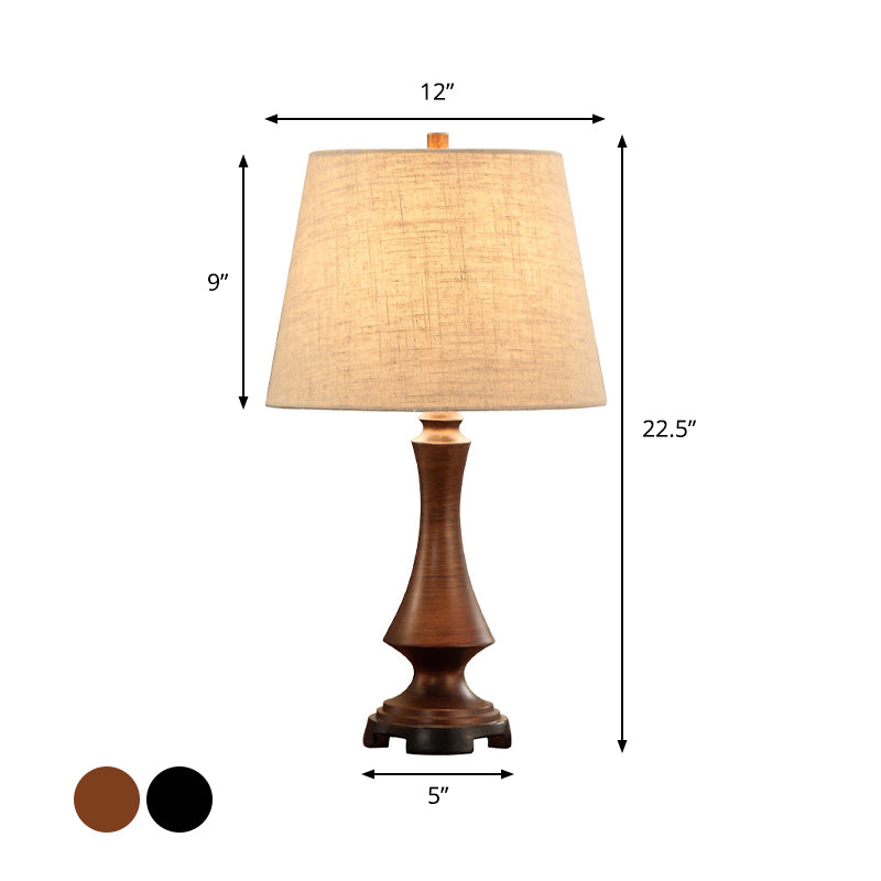 1 Head Fabric Desk Lighting Countryside Black/Brown Conical Bedroom Night Light with Slender Base
