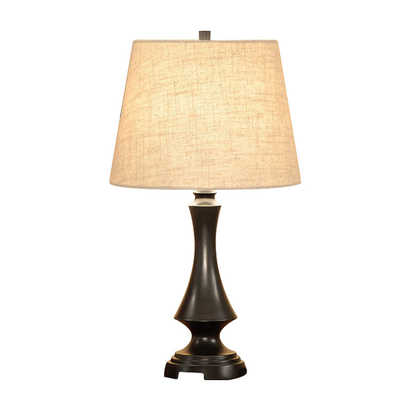 1 Head Fabric Desk Lighting Countryside Black/Brown Conical Bedroom Night Light with Slender Base