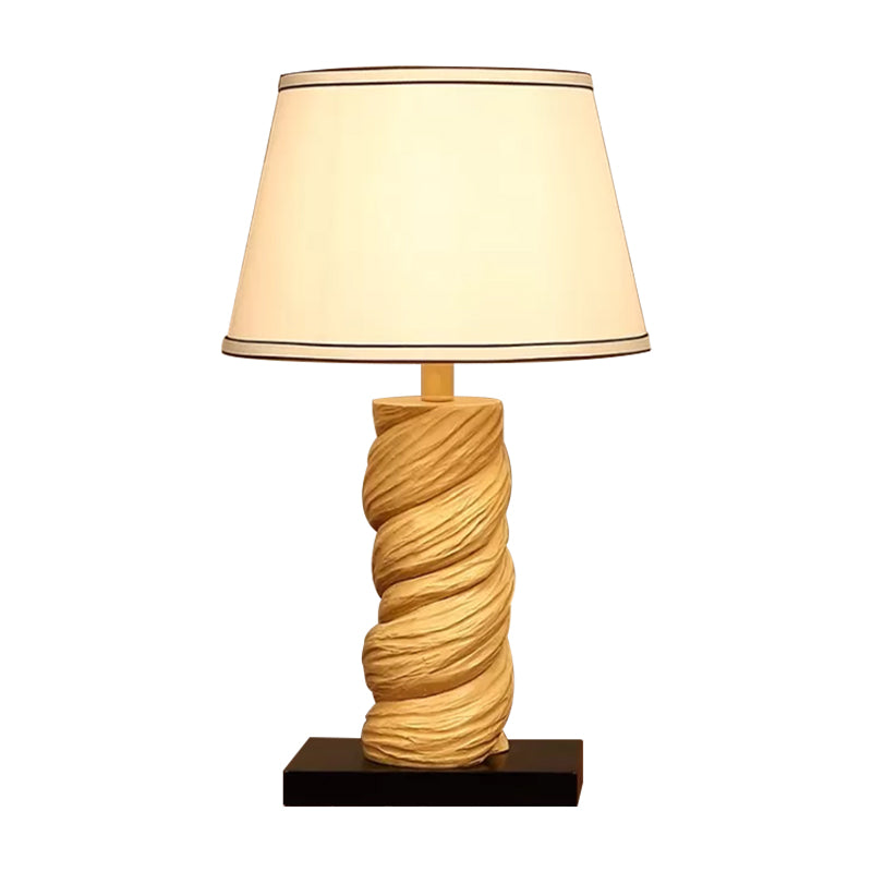 Conic Fabric Night Table Lighting Traditional 1-Light Bedroom Desk Light in White/Brown with Resin Twisted Column