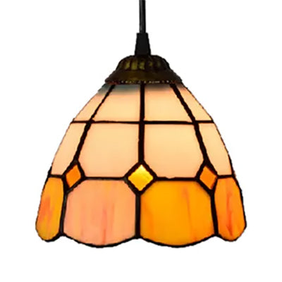 1 Bulb Ceiling Pendant Light Tiffany-Style Flower Handcrafted Stained Glass Suspension Lighting in Yellow/Light Blue/Dark Blue