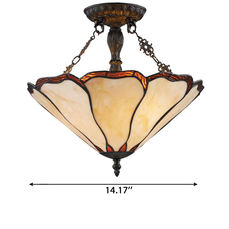 Stained Glass Ceiling Light with LED Light, 2-Lights Cone Semi Flush Mount Lighting Tiffany Style, 14" W