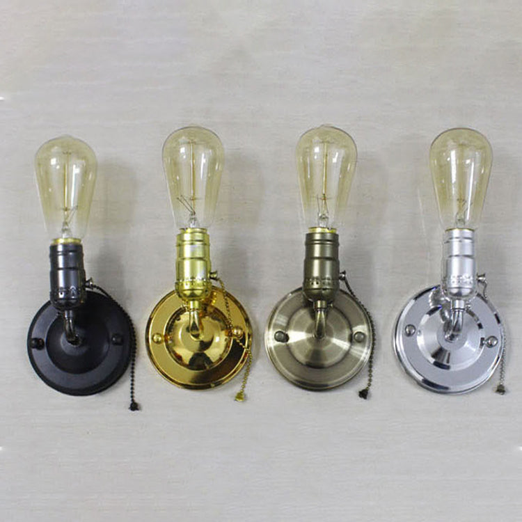 1 Light Wall Sconce Industrial Vintage Open Bulb Metal Wall Lighting with Pull Chain in Black/Silver for Bedroom