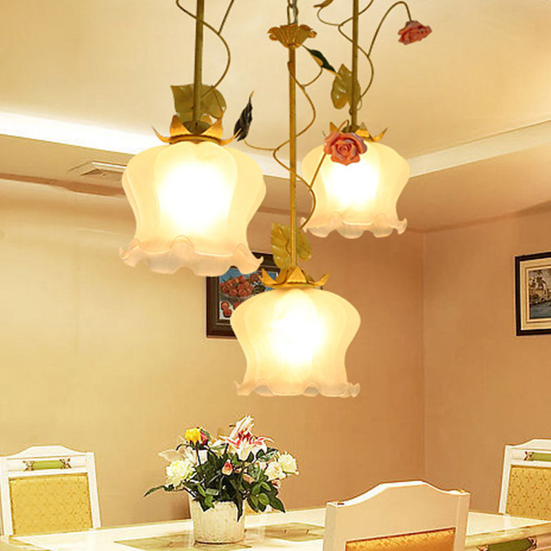 Green 3 Lights Down Lighting Pastoral Frosted Glass Cluster Flower Pendant with Lettuce Edge and Round/Linear Canopy