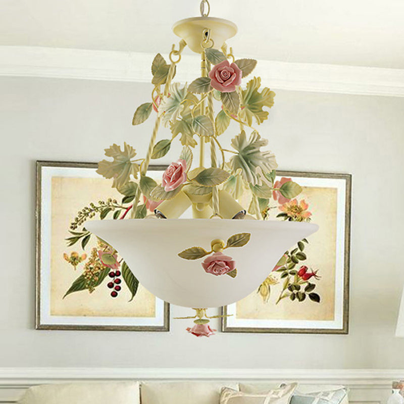 3-Light Inverted Hat Shade Chandelier American Flower Green Opaline Glass Ceiling Pendant Lamp