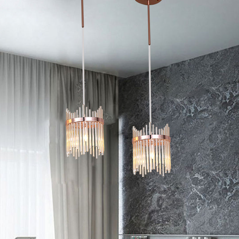Modernism Ring Suspension Light 1 Bulb Crystal Rod Hanging Pendant Lamp in Rose Gold