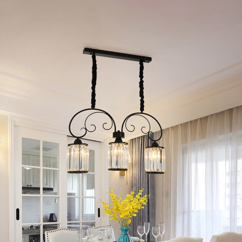 Contemporary Cylinder Island Light 3 Heads Clear Crystal Block Pendant in Black with Scrolling Arm