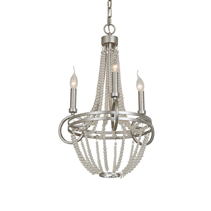 Silver 3 Bulbs Pendant Chandelier Rustic Crystal Bead Candelabra Suspension Light for Dining Room