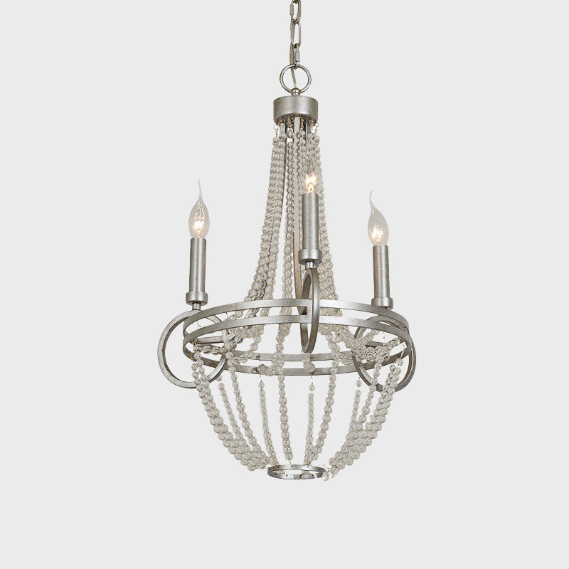 Silver 3 Bulbs Pendant Chandelier Rustic Crystal Bead Candelabra Suspension Light for Dining Room