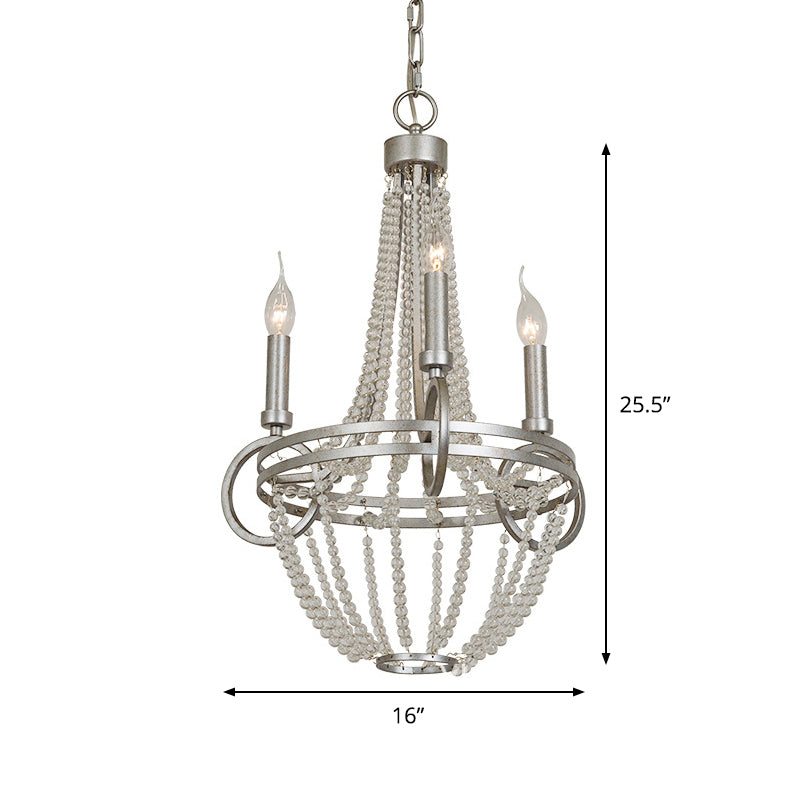 Silver 3 Bulbs Pendant Chandelier Rustic Crystal Bead Candelabra Suspension Light for Dining Room