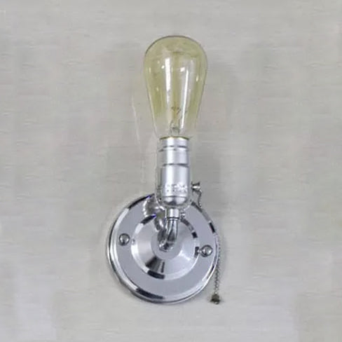 1 Light Wall Sconce Industrial Vintage Open Bulb Metal Wall Lighting with Pull Chain in Black/Silver for Bedroom