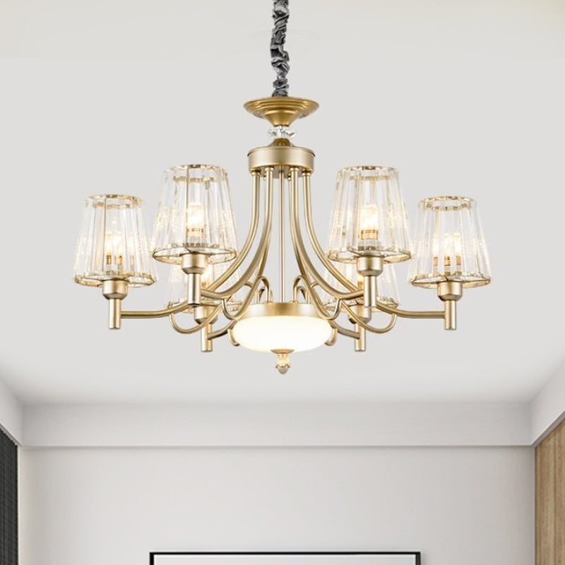 Minimalism Cone Pendant Light 3/6 Bulbs Clear Crystal Block Hanging Chandelier in Gold for Bedroom