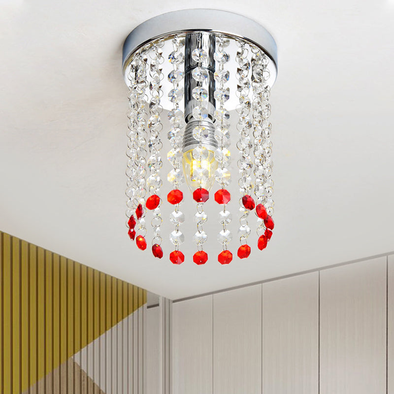 Chrome 1 Bulb Flush Mount Minimalism Clear and Red Crystal Cascade Flush Ceiling Light