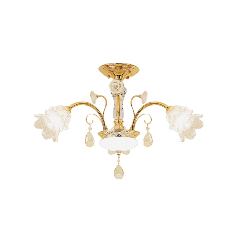 Flower Dining Room Chandelier Lamp Mid Century Clear Glass 3/6-Bulb Gold Pendant with Crystal Accent