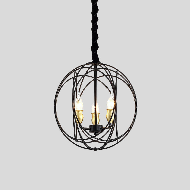 Plafond de bougie noire pendentif rustique métal 3 ampoules Lumière de lustre avec cage globe
