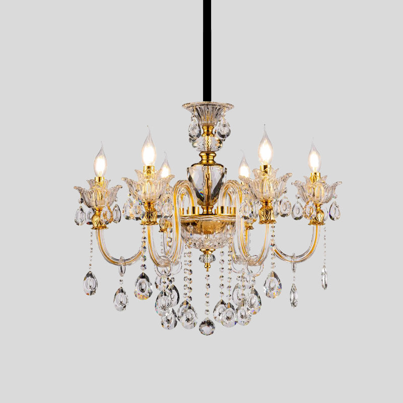 Mid-Century Candle Chandelier 6 Heads Clear Crystal Suspension Pendant Light in Gold for Bedroom