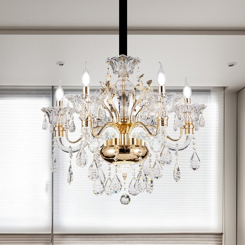 6 luces K9 Luz de colgante de cristal de medio siglo Lámpara de araña de dormitorio de velas de oro del siglo