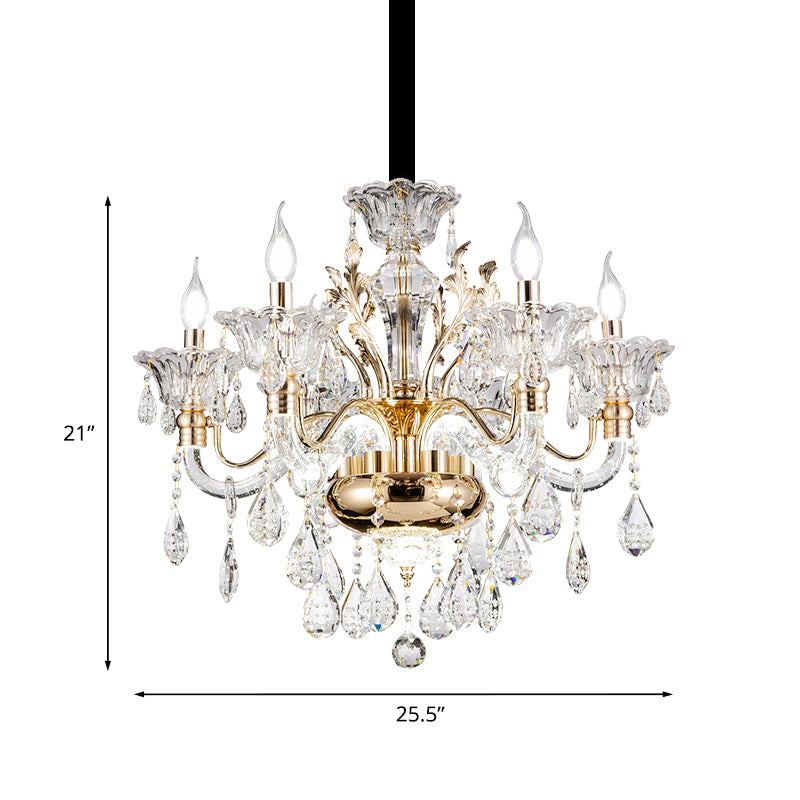6 Lights K9 Crystal Pendant Light Mid-Century Gold Candlestick Bedroom Chandelier Lamp