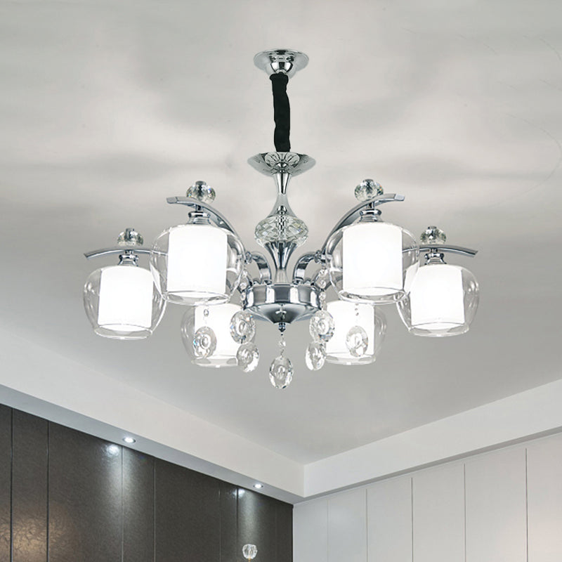 Chrome Sputnik Hanging Chandelier Modern Clear Glass 6-Light Bedroom Pendant with Crystal Drop