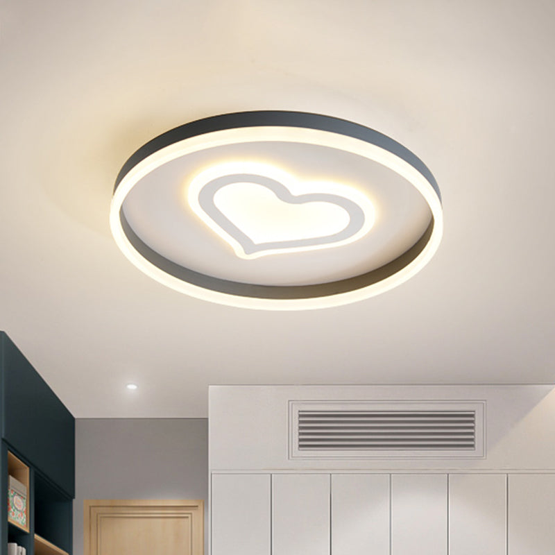 Modern Circular Flush Light Acrylic LED Bedroom Ceiling Lamp in Grey with Butterfly/Loving Heart Pattern