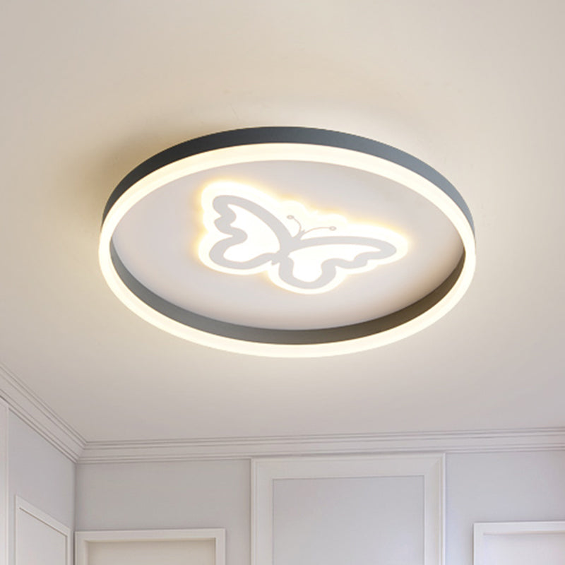Modern Circular Flush Light Acrylic LED Bedroom Ceiling Lamp in Grey with Butterfly/Loving Heart Pattern