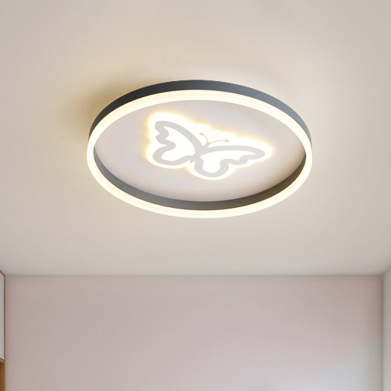 Modern Circular Flush Light Acrylic LED Bedroom Ceiling Lamp in Grey with Butterfly/Loving Heart Pattern