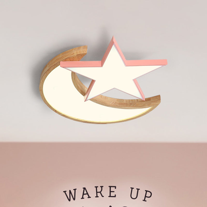 LED Bedroom Flush Light Fixture Minimalism Grey/Pink/Green Ceiling Flush with Moon and Star Acrylic Shade