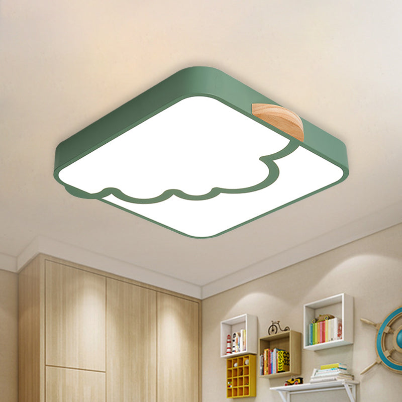 Square Ceiling Flush Mount Minimalist Acrylic LED Bedroom Flushmount Lighting in Grey/White/Green with Wood Detail