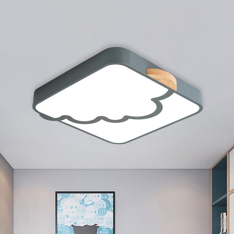 Square Ceiling Flush Mount Minimalist Acrylic LED Bedroom Flushmount Lighting in Grey/White/Green with Wood Detail