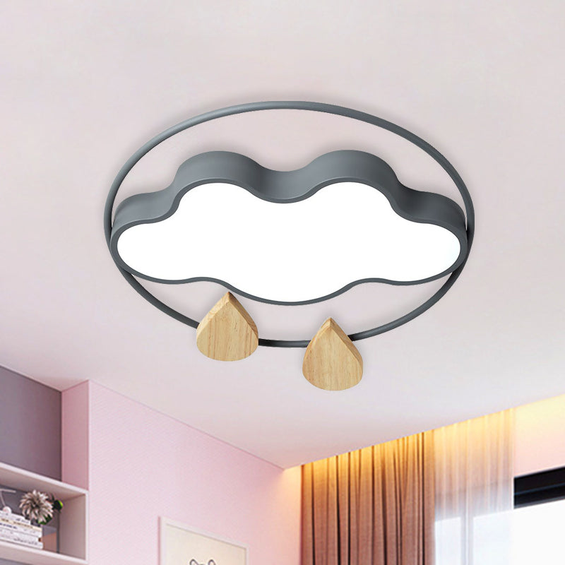 Cloud Bedroom Ceiling Lighting Acrylic LED Simplicity Flush Mount with Wood Raindrop in Grey/White/Green
