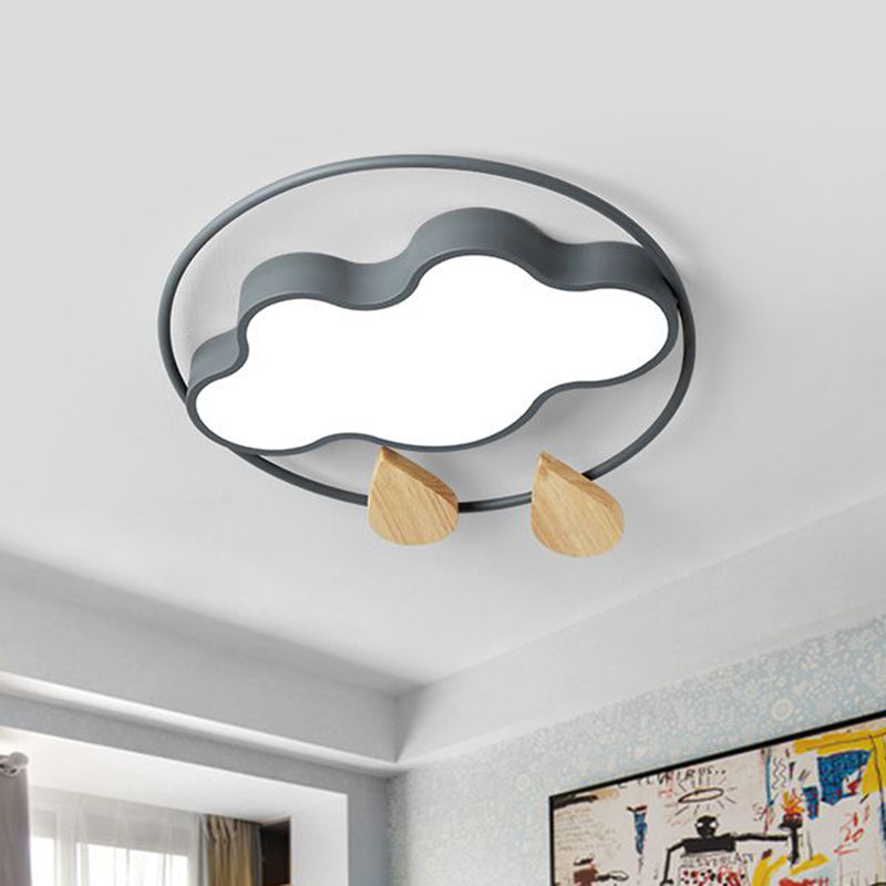 Cloud Bedroom Ceiling Lighting Acrylic LED Simplicity Flush Mount with Wood Raindrop in Grey/White/Green