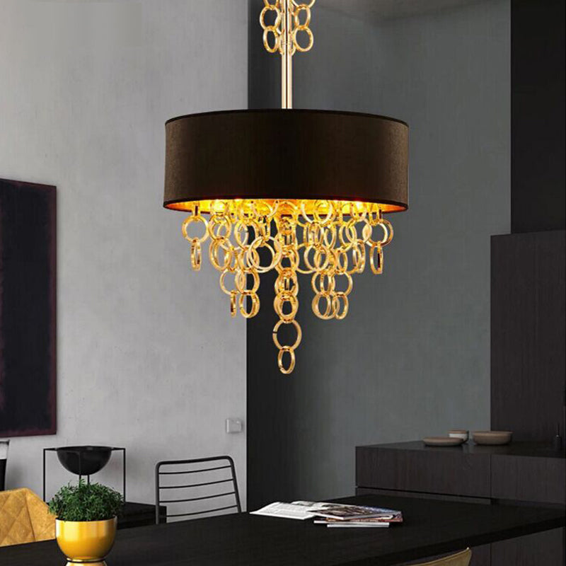Lampadario a soffitto a più anelli in metallo modernista 3 luci nero e oro pendente sospeso con tonalità in tessuto tamburo
